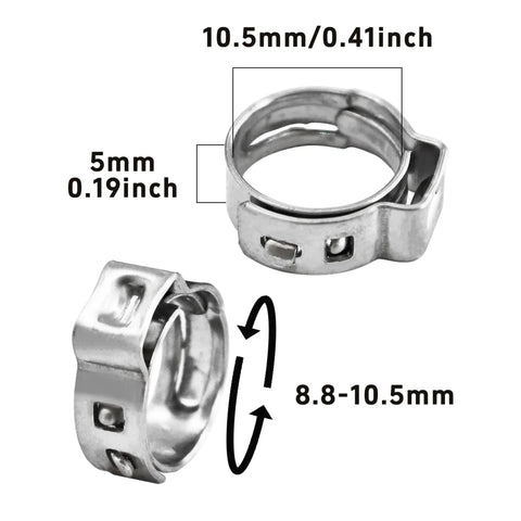 50Pcs 8.8-10.5mm Single Ear Hose Clamps 304 Stainless Steel Heavy Duty Adjustable Cinch Crimp Rings for Automotive Plumbing