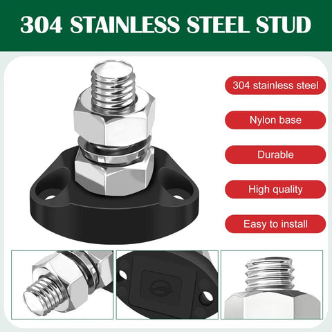 M10 Single Stud Battery Junction Block 12V Bus Bar Beefy High Current 250A DC Power Distribution Block For Automotive Marine And Off Road Battery Ground Terminal, 304 stainless steel stud, black nylon base