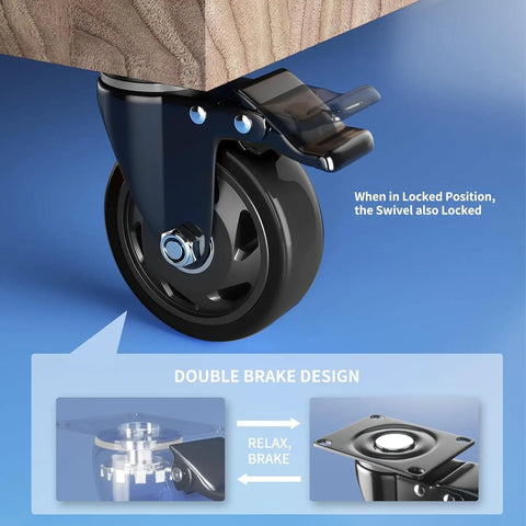 Built Tough 4 Inch Caster Wheels With Dual Safety Brakes Rust Proof Coated, showing double brake design for locking swivel.