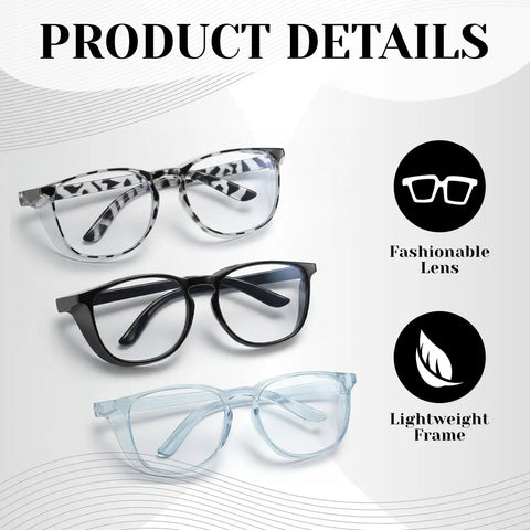 3 Pack Anti Fog Safety Glasses With Wraparound Side Shields Clear Lens Work Goggles Straight Up Trusted Eyewear For Nurses Lab Techs And Job Site Crews Snappy Protection. Three stylish eyewear pairs displayed with clear and patterned frames.