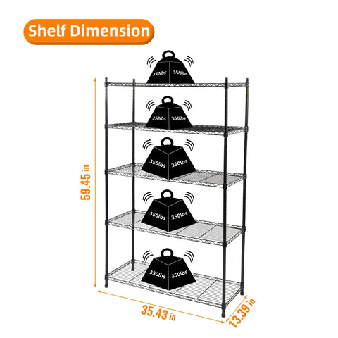 Five Tier Adjustable Metal Wire Shelving Unit With Leveling Feet Heavy Duty Pantry Organizer Rack For Kitchen Garage Laundry Office Black Built To Last And Able To Hold 350 Pounds Per Shelf, 35.43x13.39x59.45 in