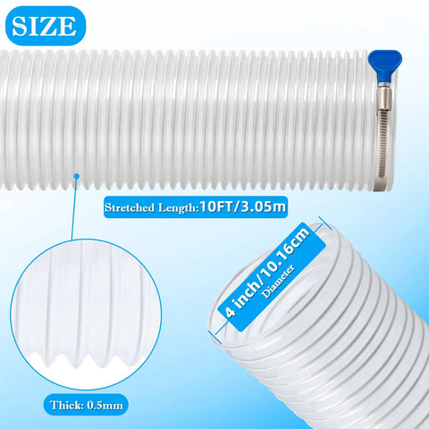 Badass Four Inch Dust Collection Hose 10 Foot Flexible PVC Fume Extractor Tube With Crystal Clear Design showing size and thickness details.