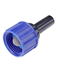 Compression Swivel Adapter With Washer For 1 Quarter Inch Drip Tubing To 3 Quarter Inch MHT Hose Bibb Or Garden Hose Built In Swivel To Prevent Kinking Leak Free Connection For No Fuss Drip Irrigation Black close-up of blue filter washer and black tubing