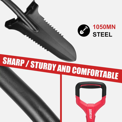 Drain Spade Garden Shovel With Root Saw And Ergonomic Oval Steel Handle showcasing blade and handle design