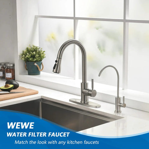 Slick Brushed Nickel Reverse Osmosis Drinking Faucet For Kitchen Or Bar Sink with modern design and dual handle features.