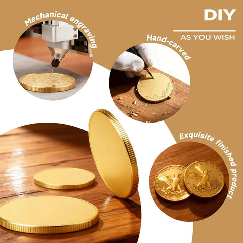 20 Pack Brass Coin Blanks, 40mm Diameter, 2mm Thick, Laser Engravable Coins For DIY Customization shown in engraving process