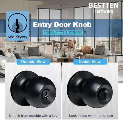 Keyed Entry Door Knob Set Heavy Duty Matte Black All Metal Lock Easy DIY Install Brass Mechanism 250000 Cycle Durability