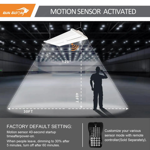 Top Shelf 2 Foot Led Linear High Bay Shop Lights With Smart Motion Sensor 155W Hella Bright 20925 Lumens 5000K Daylight hanging from ceiling with motion sensor diagram.
