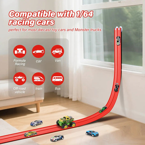 Flexible Roll Up Two Lane Race Track For Kid Friendly Play With Suction Cups Includes Four Mini Diecast Cars 1 64th Scale Compatible