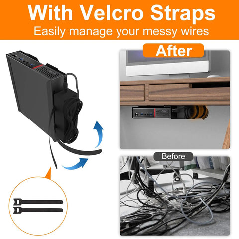 Hella Secure Vesa And Under Desk Wall Mount Bracket For Small Form Factor Tiny Desktop Towers Featuring Adjustable Heavy Duty Hardware To Keep Your Workspace Clean And Dope, showing wire management with Velcro straps after installation.