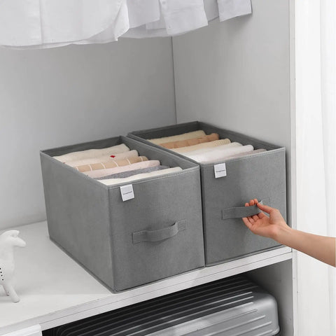 3 Pack Sweater Wardrobe Organizer With PP Board Handles, 7 Grid Closet Storage Box in use on white shelf