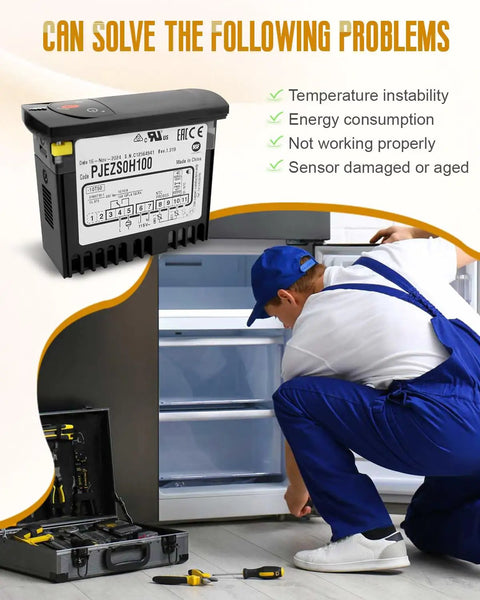 PJEZS0H100 Digital Refrigerator Temperature Controller With Sensor Probe 115V Thermostat That Fits Carel And All Fridges Precise Temp Regulation Easy Mounting Hardware And Setup Instructions installed on refrigerator