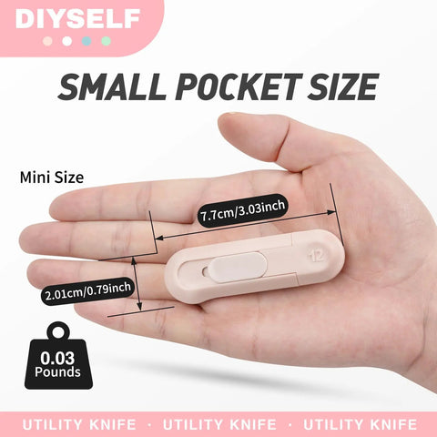 8 Pack Mini Box Cutters for Packages and Projects, Safe Retractable Utility Knife in hand showing compact size and dimensions