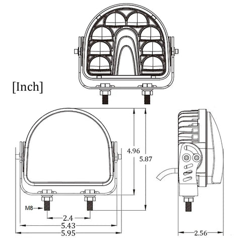 Technical diagram of Two Pack Forklift Safety Light Arc LED Warning Light dimensions and mounting specifics.