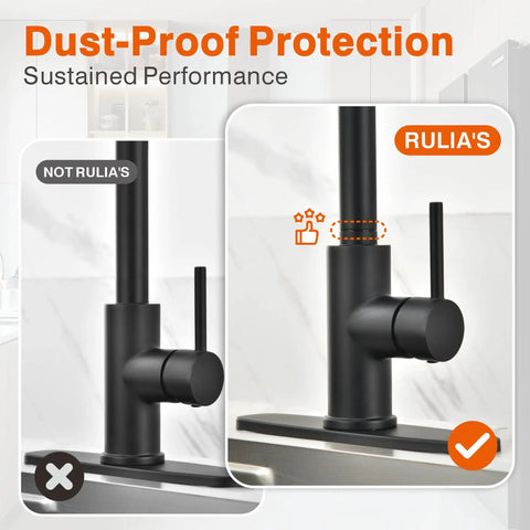 Comparison showing Matte Black Pull-Down Kitchen Faucet With Dual Function Spray Head RB1031 against a non-brand model.