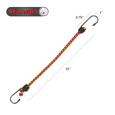 Heavy Duty 12 Inch Bungee Cords 10 Pack With Vinyl Coated Hooks And Fabric Wrap Red For Trucks And Outdoor Gear Secure Tarps Bikes And Gear Fast And Easy Everyday. Image shows a single 12-inch cord with red and yellow fabric wrap, black vinyl-coated hooks. Dimensions are 12 inches long, 2.75 inches hook span.