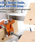 Double Hole Punch Locator and Adjustable Drill Positioning Jig with 12mm Eccentric Nut in use on wooden boards.