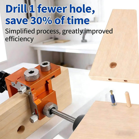 Double Hole Punch Locator and Adjustable Drill Positioning Jig with 12mm Eccentric Nut in use on wooden boards.