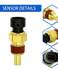 Front view of engine coolant temperature sensor with gold brass body, black plastic top, and threaded section.