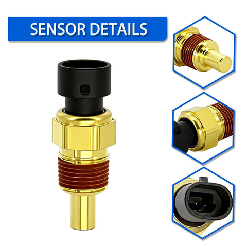 Front view of engine coolant temperature sensor with gold brass body, black plastic top, and threaded section.