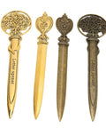 Four sleek zinc alloy letter openers with retro patterns and ergonomic handles, compact home office desk accessories.