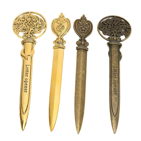 Four sleek zinc alloy letter openers with retro patterns and ergonomic handles, compact home office desk accessories.