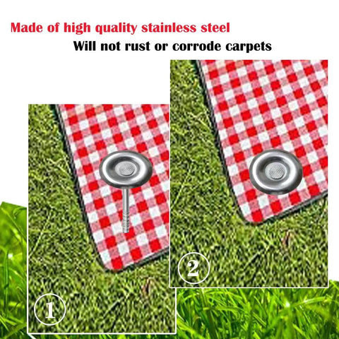 Heavy Duty Outdoor RV Rug Stakes 6 Inch Stainless Steel Spira Mats Stakes securing red checkered rug on grass.