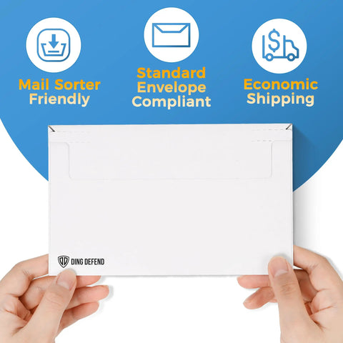 Premium 110 Pack Card Shipping Envelopes 7 By 4.35 Inches Self Adhesive Mailers for Trading Cards held showing mail sorter compliance