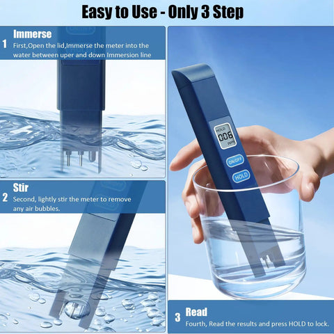 Digital TDS Meter For Water Quality Testing At Home And In Hydroponics And Aquariums Measuring 0 To 9990 PPM inserted in water glass