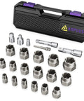 Heavy Duty 24 Piece Bolt Extractor Kit With One Half Inch And Three Eighth Inch Drive For Impact Removal Of Stripped Damaged Rusted And Rounded Bolts And Nuts Lug Nut Removal Tool For Tough Jobs with sockets and case