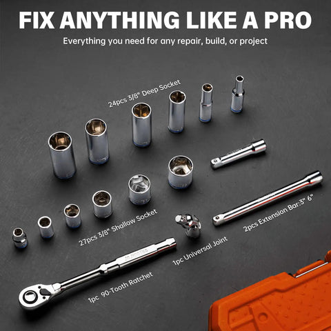 55 Piece Three Eighths Inch Drive Master Impact Socket Set With Shallow And Deep Sockets SAE And Metric Premium CR-V Steel