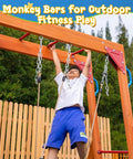 Child playing on monkey bars of Cedar Wooden Swing Set For Backyard With Monkey Bars, 2-In-1 Outdoor Table, 6-Foot Wave Slide