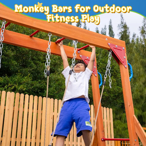 Child playing on monkey bars of Cedar Wooden Swing Set For Backyard With Monkey Bars, 2-In-1 Outdoor Table, 6-Foot Wave Slide