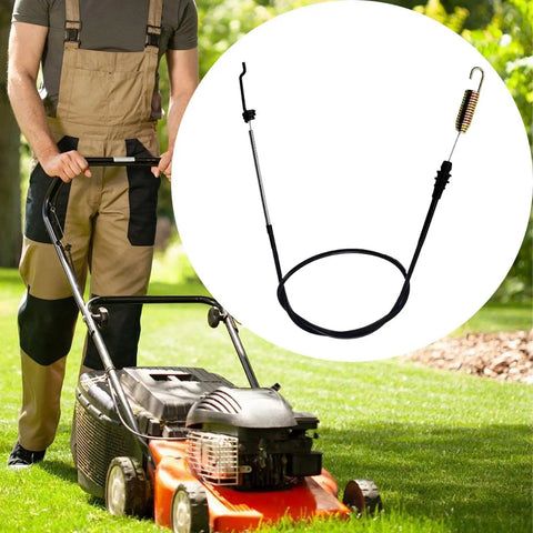 Lawn Mower Cable Replacement for 30 Inch Mowers, shown with a red lawn mower and person in garden setting