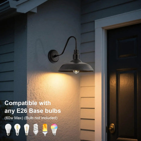 10 Inch Dome Gooseneck Outdoor Wall Light Bronze Exterior Barn Porch Fixture with warm glow at night beside door