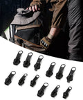 12 Piece Universal Zipper Repair Kit With Stainless Steel Sliders And Pullers For Jackets Bags Backpacks And Outdoor Gear Durable Quick Install Zipper Fasteners In Black displayed in front of a person sitting with a backpack outdoors.
