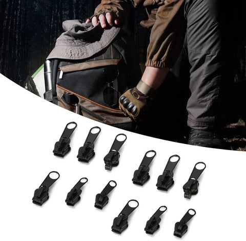 12 Piece Universal Zipper Repair Kit With Stainless Steel Sliders And Pullers For Jackets Bags Backpacks And Outdoor Gear Durable Quick Install Zipper Fasteners In Black displayed in front of a person sitting with a backpack outdoors.