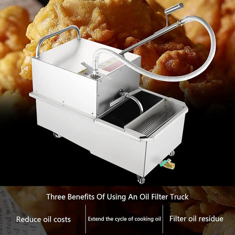 Heavy Duty 550W Commercial Mobile Fryer Filter Machine With 65L Stainless Steel Oil Filtration System, shows oil filtration cart design.