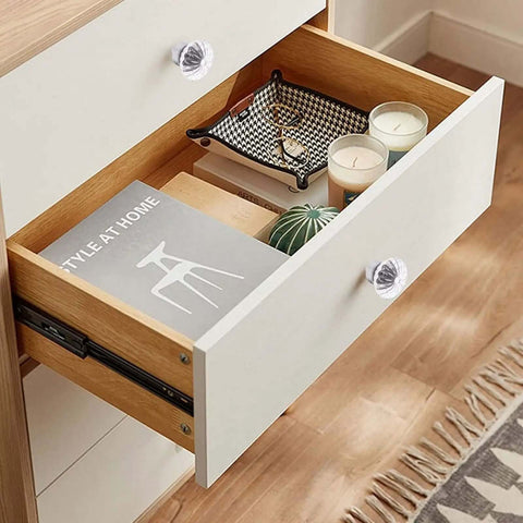 Open drawer with Crystal Glass Drawer Knobs Set 4-Pack Flower Bud Style Silver Finish 1.34 Inch Diameter Cabinet Pulls.