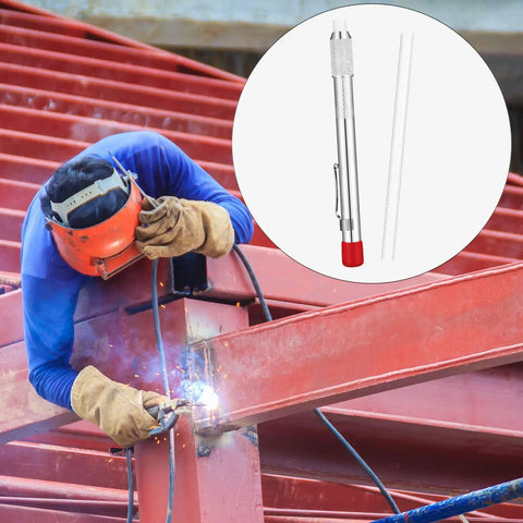 Two Pro Grade Soapstone Marker Pencil Sets With 12 Refills For Welding, Metalworking And Fabrication, worker welding metal beams