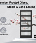 36X84 Black Frosted Glass Barn Door With Complete Hardware Kit And Six Point Six Foot Track Handle No Sweat Install Smooth Operator Glide Heavy Duty Solid Core Build displayed with premium frosted glass.