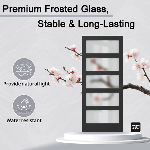 36X84 Black Frosted Glass Barn Door With Complete Hardware Kit And Six Point Six Foot Track Handle No Sweat Install Smooth Operator Glide Heavy Duty Solid Core Build displayed with premium frosted glass.