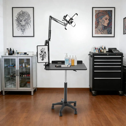 Smooth Rolling Adjustable Height Tattoo Workstation With Bright Led Panel And Smart Storage Rack For Your Professional Mobile Art Studio, 23.6x15.3 inch.