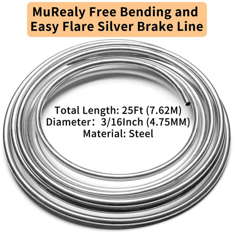 Heavy Duty 3/16 Inch Stainless Steel Brake Line Kit, 25 Foot Tubing Roll with 16 Fittings for Hydraulic Brake Systems