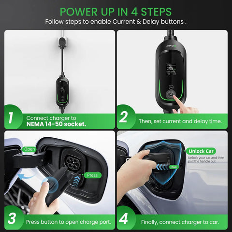 Step-by-step guide on using Portable Level 2 EV Charger 40A 9.6kW 240V with a NEMA 14-50 socket and J1772 connector.