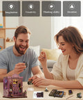 Couple assembling DIY Miniature Book Nook Kit With LED Light 3D Wooden Puzzle Bookshelf Insert Decor Astrology Themed Bookshop Craft For Beginners And Teens