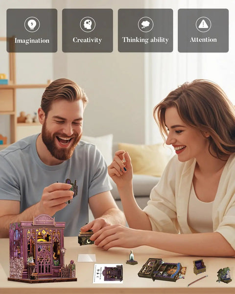 Couple assembling DIY Miniature Book Nook Kit With LED Light 3D Wooden Puzzle Bookshelf Insert Decor Astrology Themed Bookshop Craft For Beginners And Teens