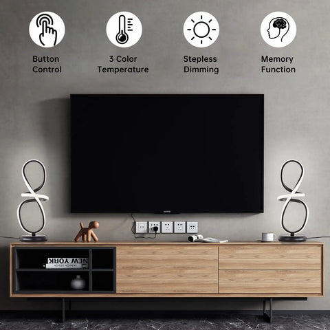 Living room setup with two Sleek Black Modern Table Lamp With Touch Control 17 Inch LED Dimmable Spiral Metal Desk Lights on a sideboard.