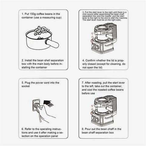 Instructions for 220V Automatic Coffee Bean Roaster with viewing window, demonstrating coffee preparation steps.