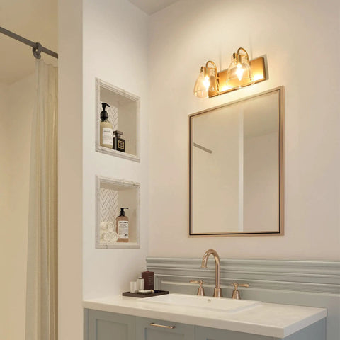 Two Light Gold Vanity Light Fixture With Clear Glass Shades For Bathroom Kitchen And Hallway, Modern Bronze Backplane